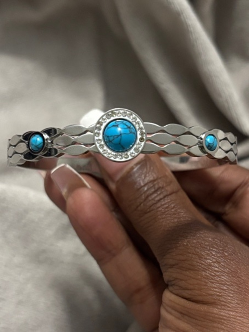Turquoise Stone Silver-Tone Bangle
